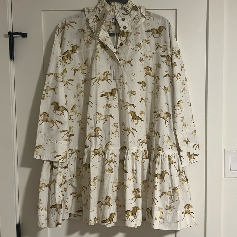 New with Tags GANNI White Horse Print Cotton Mini Dress - Picture 10 of 16